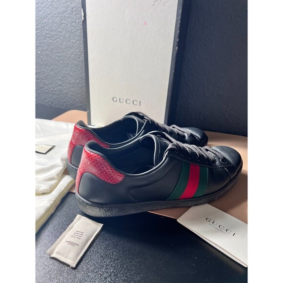 Gucci Ace Leather Lace Up Sneaker M Size 9.5 Black Python Embossed Authenticated - Picture 4 of 15